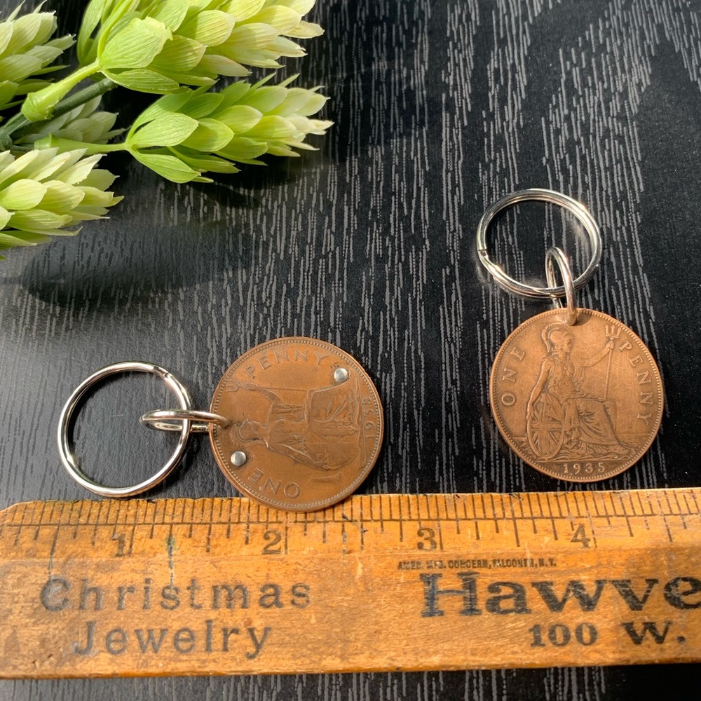 Vintage English Penny Coin Keychain Lot Sterling Rivets World Money Man … - Picture 3 of 4